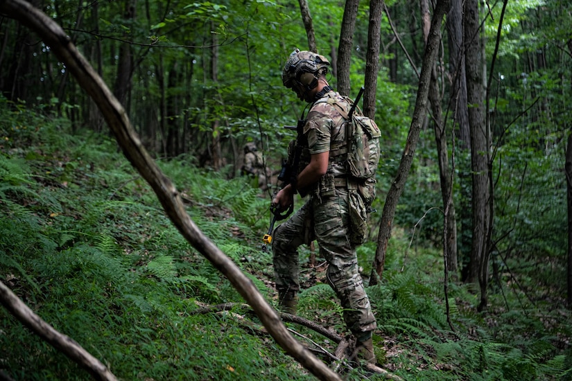 DAGRE team members from the 193rd Special Operations Security Forces Squadron participate in Exercise Iron Keystone at Fort Indiantown Gap, Pennsylvania, August 5, 2023. The exercise brought together Airmen from three wings across the state in order to prepare for future conflicts through agile combat employment. (U.S. Air National Guard photo by Senior Airman Diana Snyder)