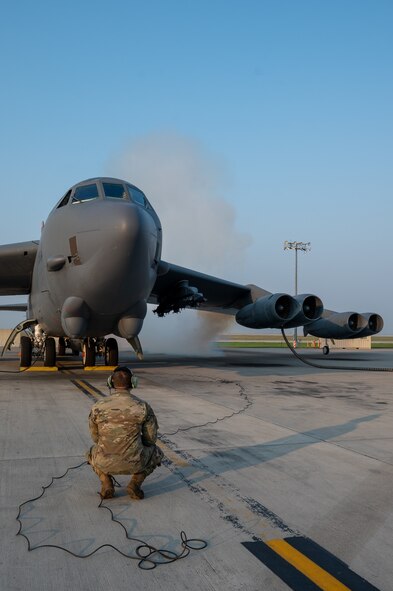 A B-52H Stratofortress assigned to the 5th Bomb Wing at Minot Air Force Base, North Dakota, prepares to taxi on the main parking apron Sept. 6, 2023. The B-52H Stratofortress has eight Pratt & Whitney TF33-P-3 turbofan engines, each providing more than 17,000lb of thrust. (U.S. Air Force Photo by Airman 1st Class Alexander Nottingham)