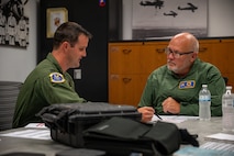 U.S. Air Force Capt. Dylan Collins, 23rd Bomb Squadron weapon systems operator, speaks with the Honorable Tom Ross, Mayor of the city of Minot, at Minot Air Force Base, North Dakota, Sept. 6, 2023. Mayor Ross’s incentive flight was hosted by the 5th Bomb Wing to provide a first-hand experience of the 5th Bomb Wing’s mission and to provide a demonstration of how they conduct the global deterrence mission. (U.S. Air Force Photo by Airman 1st Class Alexander Nottingham)