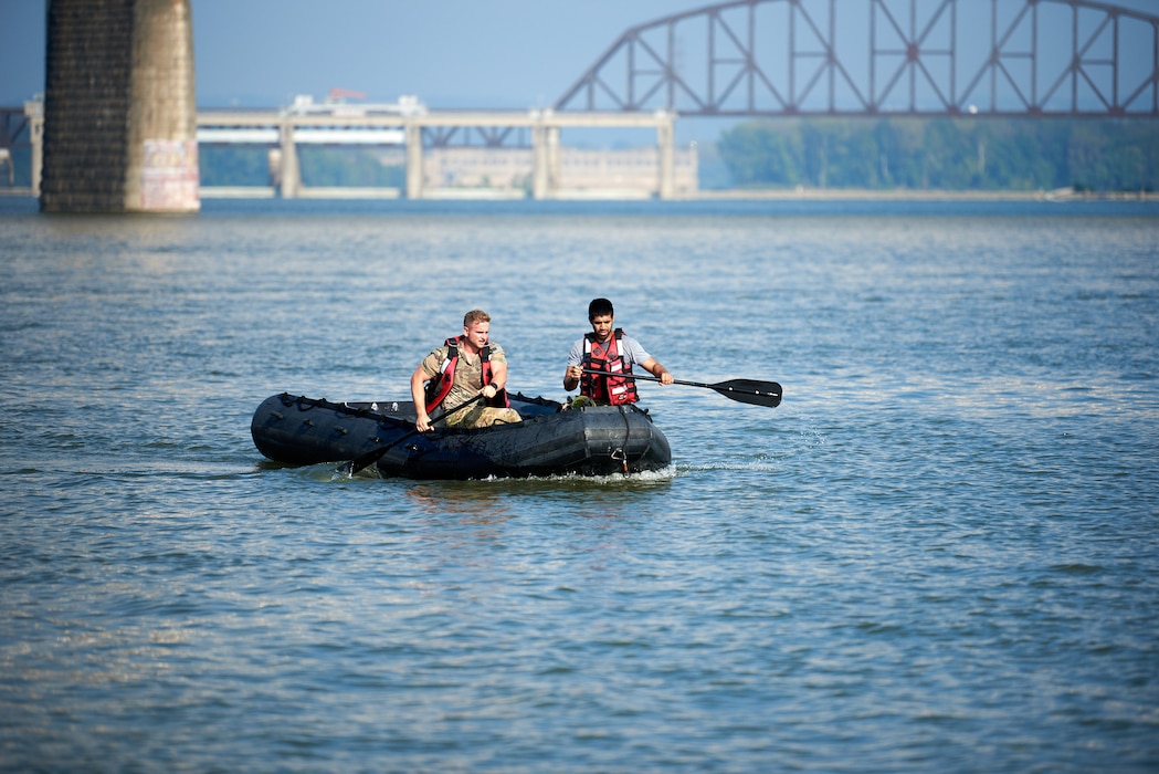 U.S. Air Force pararescuemen compete in a “Monster Mash,” a series of physical and mental challenges, at Waterfront Park in Louisville, Ky., Sept. 7, 2023, as part of the 2023 PJ Rodeo. The biennial event, which tests the capabilities of pararescue Airmen across the service, was hosted by the Kentucky Air National Guard’s 123rd Special Tactics Squadron. (U.S. Air National Guard photo by Phil Speck)