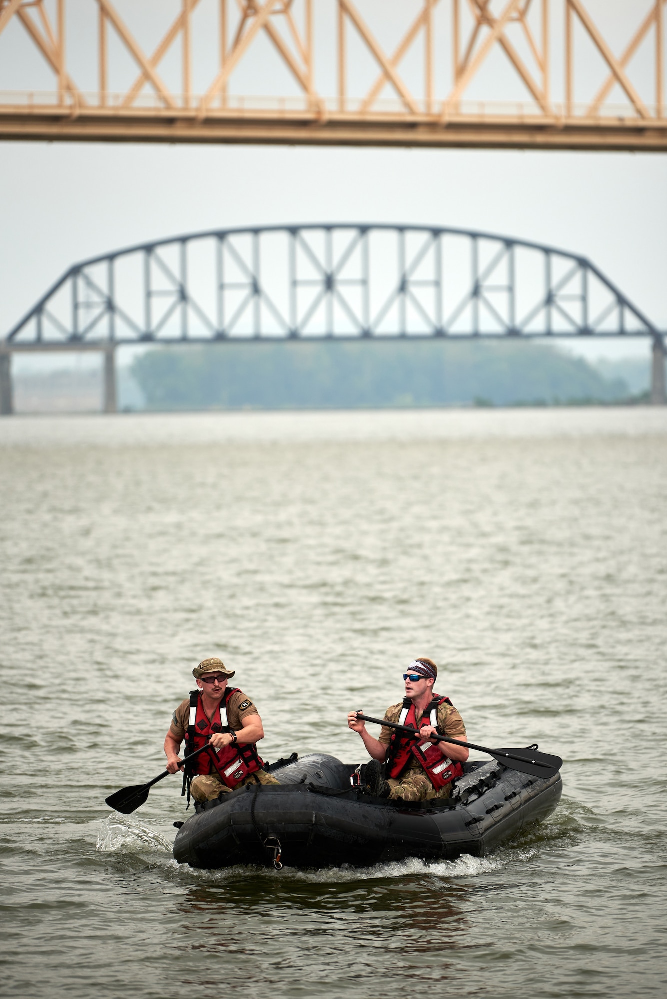 U.S. Air Force pararescuemen compete in a “Monster Mash,” a series of physical and mental challenges, at Waterfront Park in Louisville, Ky., Sept. 7, 2023, as part of the 2023 PJ Rodeo. The biennial event, which tests the capabilities of pararescue Airmen across the service, was hosted by the Kentucky Air National Guard’s 123rd Special Tactics Squadron. (U.S. Air National Guard photo by Phil Speck)