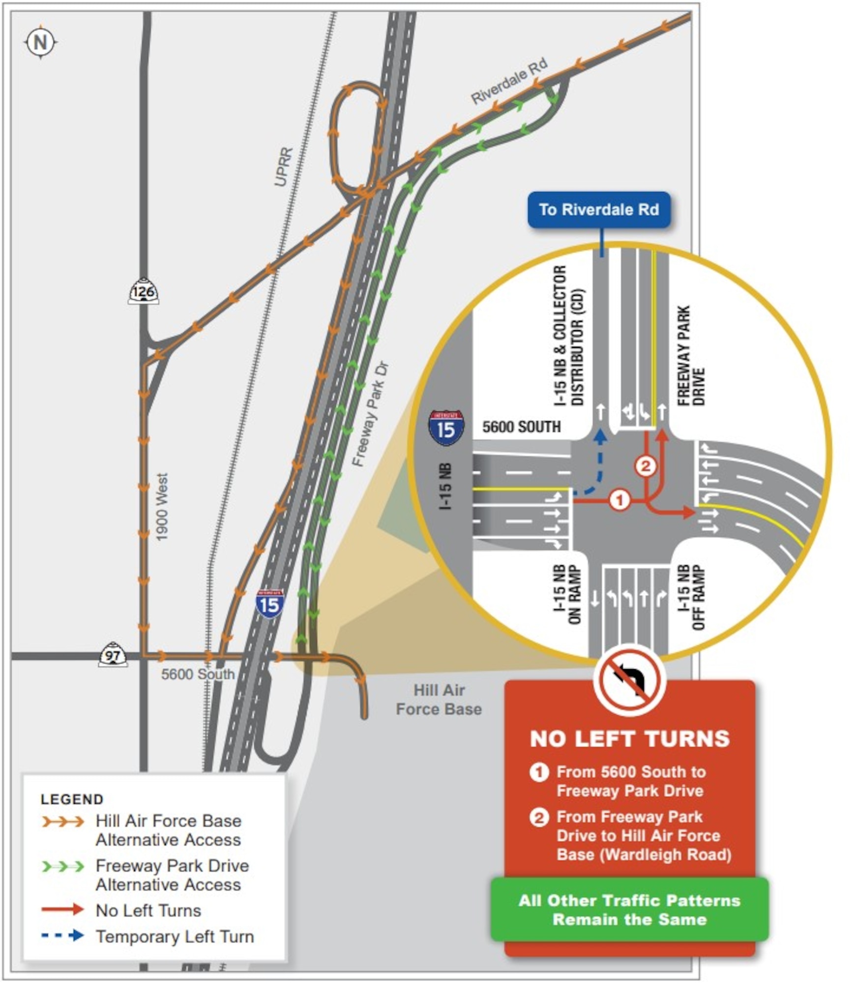 A graphic depicting the alternative detour routes to access Hill Air Force Base and Freeway Park Drive.