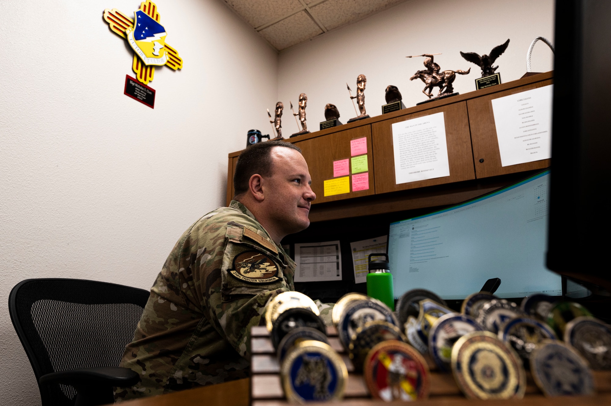 U.S. Air Force Staff. Sgt. Nicholas Clum, 314th Fighter Squadron aviation resource management noncommissioned officer in charge, manages a series of flight plans and schedules at Holloman Air Force Base, New Mexico, Aug. 29, 2023.SARMs create each flight plan, ensuring that every flight mission at Holloman is scheduled, equipped, and executed safely. (U.S. Air Force photo by Airman 1st Class Isaiah Pedrazzini)