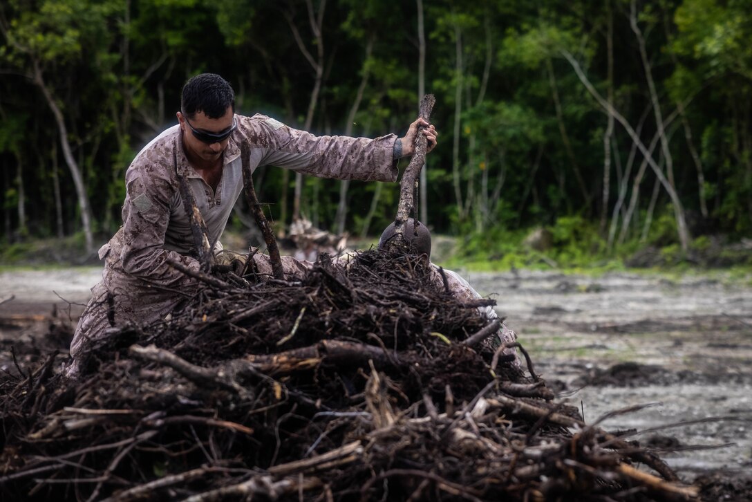 U.S. Marine Corps Cpl. Juan Perez, a heavy equipment operator with Marine Corps Engineer Detachment Palau, removes brush as part of a runway clearing project on Peleliu, Republic of Palau, August 3, 2023. During this rotational deployment, Navy Seabees and Marine Corps engineers undertake infrastructure projects which benefit local populations in the Indo-Pacific and enhance the United States’ ability to render support and aid in response to disasters or other crises. (U.S. Marine Corps photo by SSgt. David Bickel)