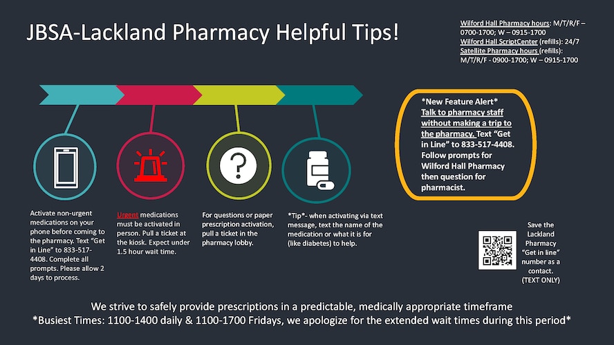 JBSA-Lackland Pharmacy Helpful Tips!
Activate non-urgent medications on your phone before coming to the pharmacy. Text “Get in Line” to 833-517-4408. Complete all prompts. Please allow 2 days to process.
Urgent medications must be activated in person. Pull a ticket at the kiosk. Expect under 1.5 hour wait time.
For questions or paper prescription activation, pull a ticket in the pharmacy lobby.
*Tip* - when activating via text message, text the name of the medication or what it is for (like diabetes) to help.
We strive to safely provide prescriptions in a predictable, medically appropriate timeframe.
*Busiest Times: 1100-1400 daily & 1100-1700 Fridays, we apologize for the extended wait times during this period.*