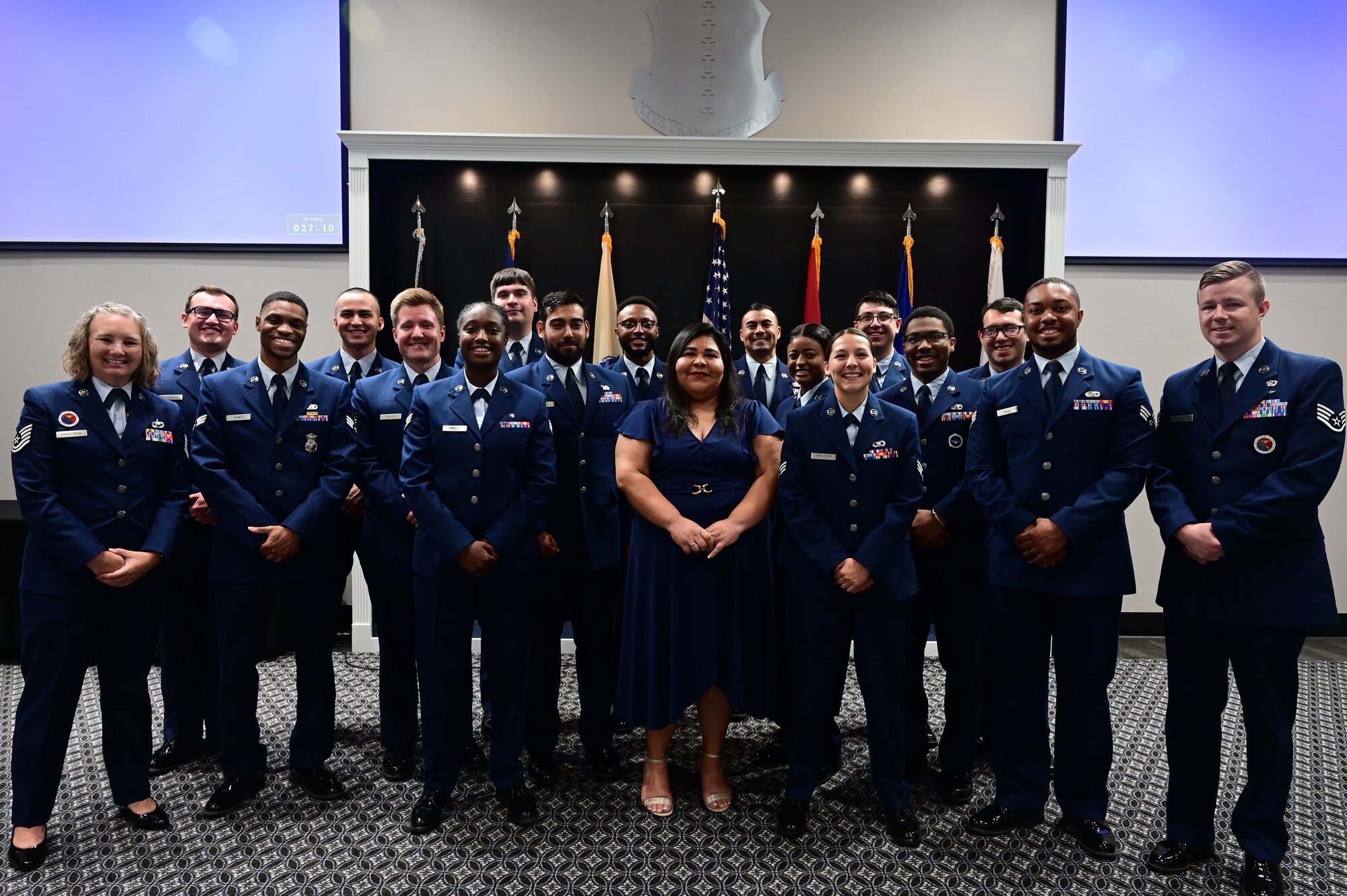 Airman Leadership School graduates and instructors pose for a photo at the Powell Event Center, Goodfellow Air Force Base, Texas, Sept. 7, 2023. ALS is a five-week course designed to prepare senior airmen to assume supervisory duties through instruction in leadership, followership, written and oral communication skills, and the profession of arms. (U.S. Air Force photo by Airman 1st Class Zach Heimbuch)