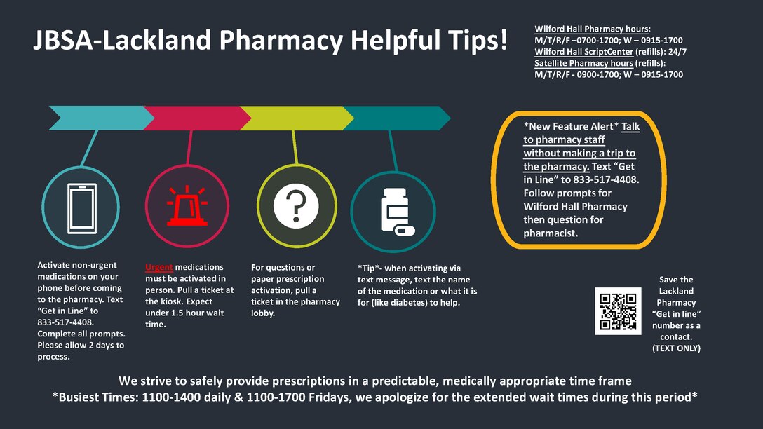 JBSA-Lackland Pharmacy Helpful Tips!
Activate non-urgent medications on your phone before coming to the pharmacy. Text “Get in Line” to 833-517-4408. Complete all prompts. Please allow 2 days to process.
Urgent medications must be activated in person. Pull a ticket at the kiosk. Expect under 1.5 hour wait time.
For questions or paper prescription activation, pull a ticket in the pharmacy lobby.
*Tip* - when activating via text message, text the name of the medication or what it is for (like diabetes) to help.
We strive to safely provide prescriptions in a predictable, medically appropriate timeframe.
*Busiest Times: 1100-1400 daily & 1100-1700 Fridays, we apologize for the extended wait times during this period.*