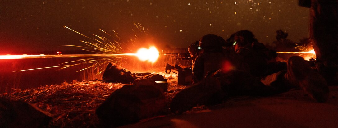 U.S. Marines with Combat Logistics Company Alpha, Combat Logistics Battalion 1 (Reinforced), Marine Rotational Force – Darwin 23, fire an M240B medium machine gun  at Mount Bundey Training Area, Northern Territory, Australia, Aug. 15, 2023. Through increased training, MRF-D is postured and ready to respond to crisis and contingency in the region, contributing to a safe and prosperous Indo-Pacific. (U.S. Marine Corps Photo by Cpl. Brayden Daniel)