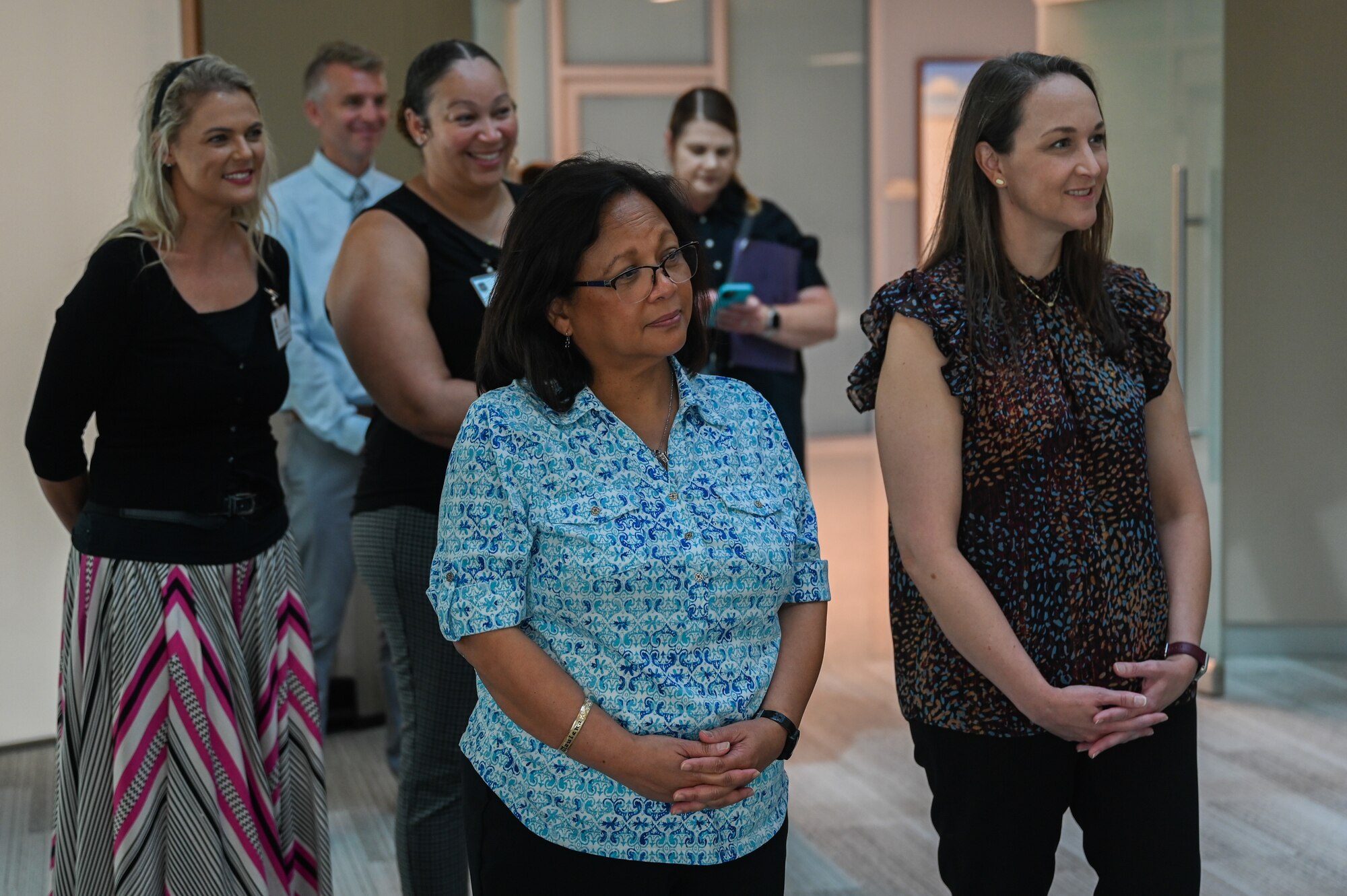 Maureen Robinson, wife of U.S. Air Force Lt. Gen. Brian Robinson, commander of Air Education and Training Command; and Nicki Bickley, wife of Chief Master Sgt. Chad Bickley, AETC command chief; tour the Intrepid Spirit Center at Eglin Air Force Base, Florida, Aug. 29, 2023.