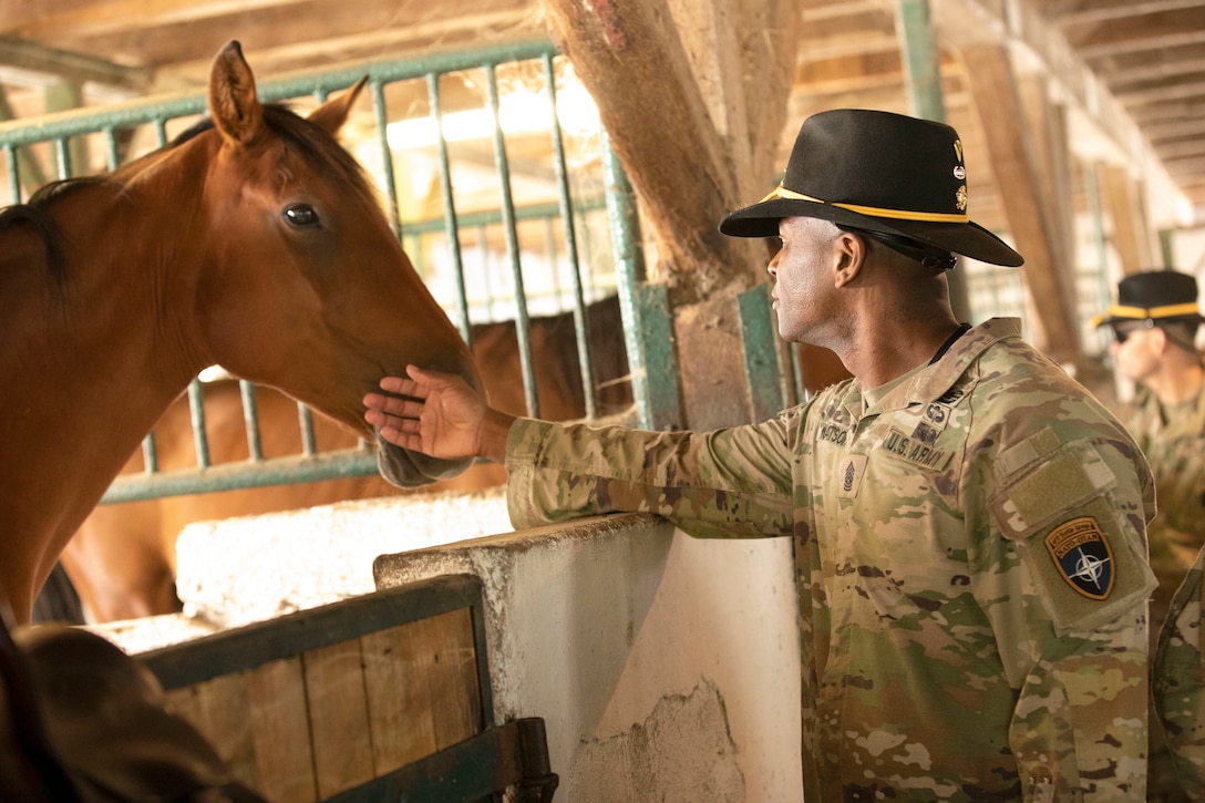 A soldier pets a horse while standing in a stable.