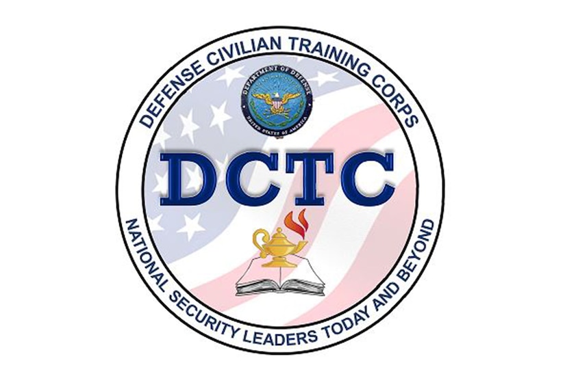 A logo for the Defense Civilian Training Corps depicts a lamp and a book with an American flag behind them.