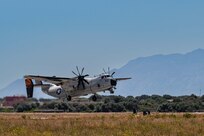 A C-2A Greyhound assigned to Detachment Two of the Fleet Logistics Support Squadron 40 bound for USS Gerald R. Ford (CVN 78) departs Naval Support Activity Souda Bay to perform a carrier onboard delivery, Aug. 31, 2023.