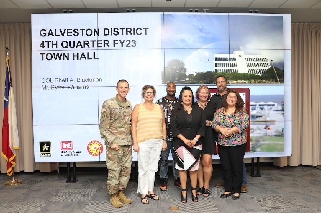 Col. Rhett Blackmon, U.S. Army Corps of Engineers (USACE), Galveston District (SWG) commander, with the Southwest Galveston District Corps Day recreation committee, whom he presented time off awards for their work on District Corps Day festivities during the SWG Fiscal Year 2023, 4th Quarter Army Professional Awards Ceremony and Townhall at the Jadwin Building in Galveston, Texas, Sept. 7, 2023.