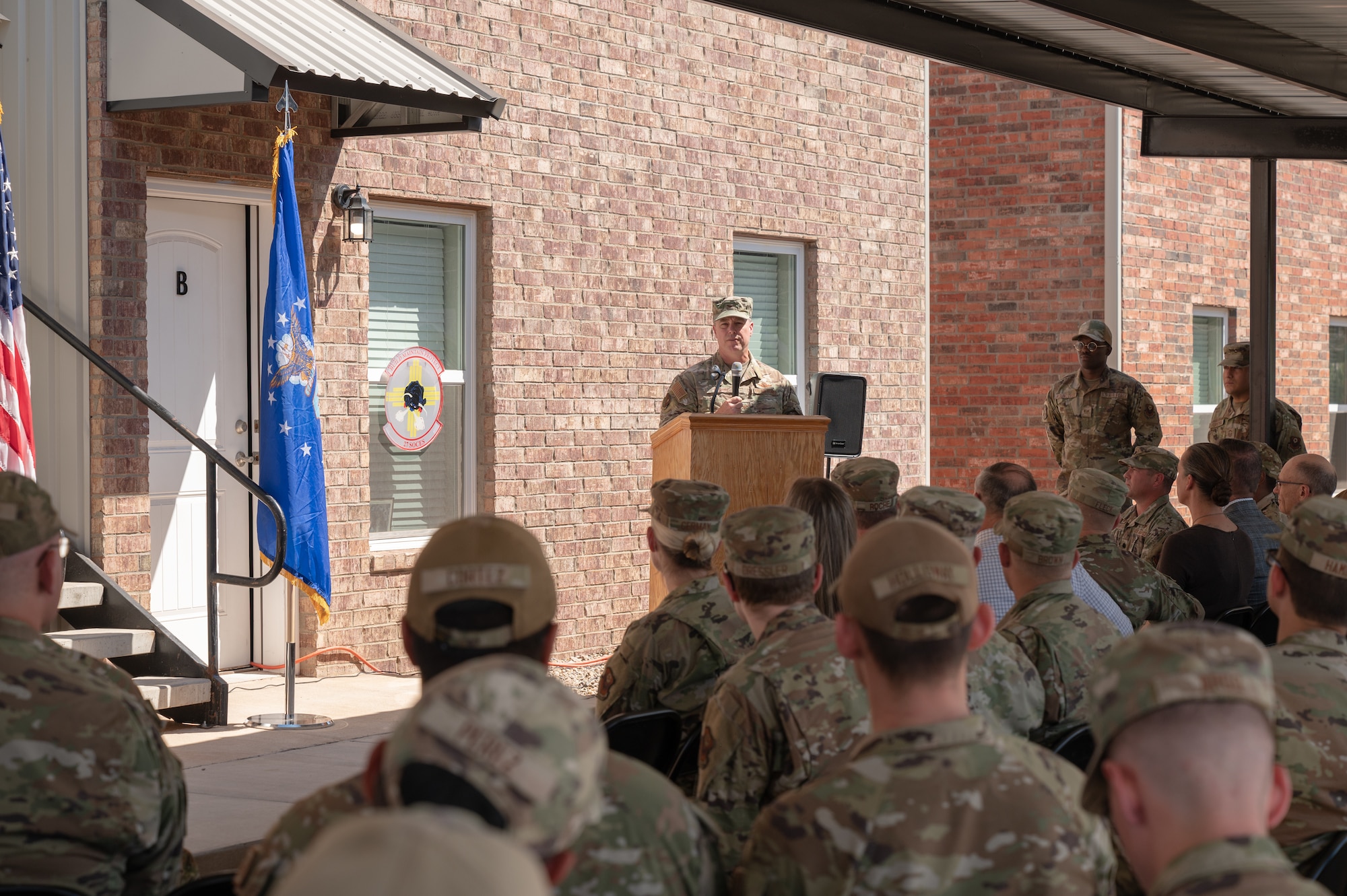 U.S. Air Force Col. Jeremy Bergin, 27th Special Operations Wing commander, gives a speech during a ribbon cutting ceremony for a new facility in Clovis, N.M., Sept. 8, 2023. Bergin thanked Cannon leader and the local community for getting the project across the goal line. (U.S. Air Force photo by Senior Airman Alexcia Givens)