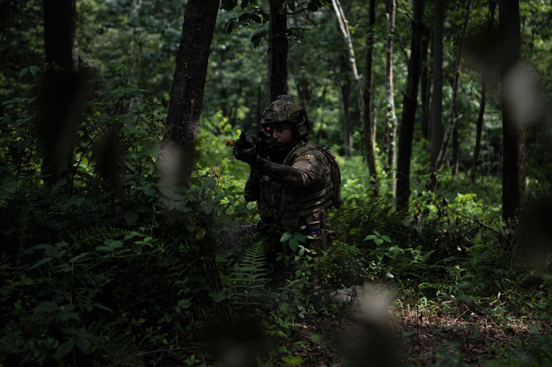 DAGRE team members from the 193rd Special Operations Security Forces Squadron participate in Exercise Iron Keystone at Fort Indiantown Gap, Pennsylvania, August 5, 2023. The exercise brought together Airmen from three wings across the state in order to prepare for future conflicts through agile combat employment. (U.S. Air National Guard photo by Senior Airman Diana Snyder)