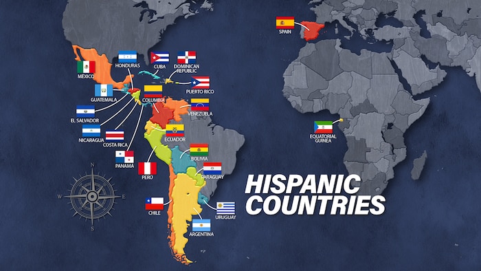 A colorful map showing the location of all the Hispanic countries including the countries’ flags.