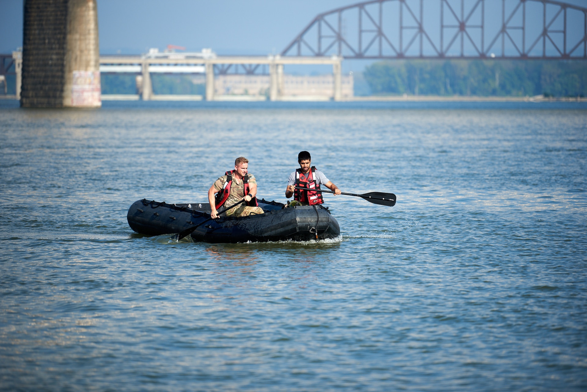 U.S. Air Force pararescuemen compete in a “Monster Mash,” a series of physical and mental challenges, at Waterfront Park in Louisville, Ky., Sept. 7, 2023, as part of the 2023 PJ Rodeo. The biennial event, which tests the capabilities of pararescue Airmen across the service, was hosted by the Kentucky Air National Guard’s 123rd Special Tactics Squadron. (U.S. Air National Guard photo by Phil Speck)