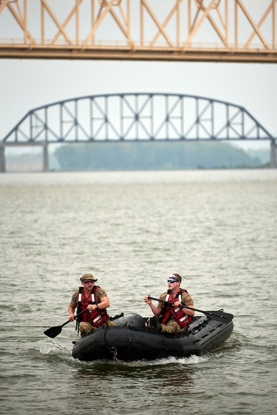 U.S. Air Force pararescuemen compete in a “Monster Mash,” a series of physical and mental challenges, at Waterfront Park in Louisville, Ky., Sept. 7, 2023, as part of the 2023 PJ Rodeo. The biennial event, which tests the capabilities of pararescue Airmen across the service, was hosted by the Kentucky Air National Guard’s 123rd Special Tactics Squadron. (U.S. Air National Guard photo by Phil Speck)