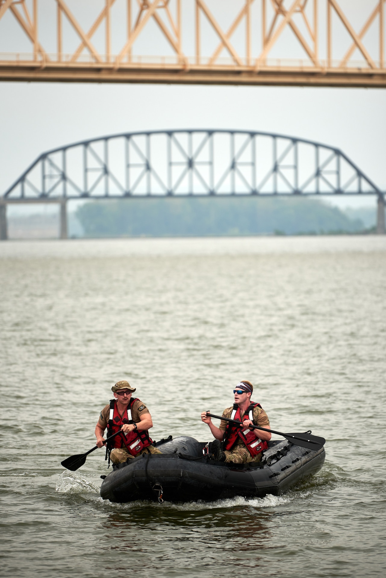 U.S. Air Force pararescuemen compete in a “Monster Mash,” a series of physical and mental challenges, at Waterfront Park in Louisville, Ky., Sept. 7, 2023, as part of the 2023 PJ Rodeo. The biennial event, which tests the capabilities of pararescue Airmen across the service, was hosted by the Kentucky Air National Guard’s 123rd Special Tactics Squadron. (U.S. Air National Guard photo by Phil Speck)