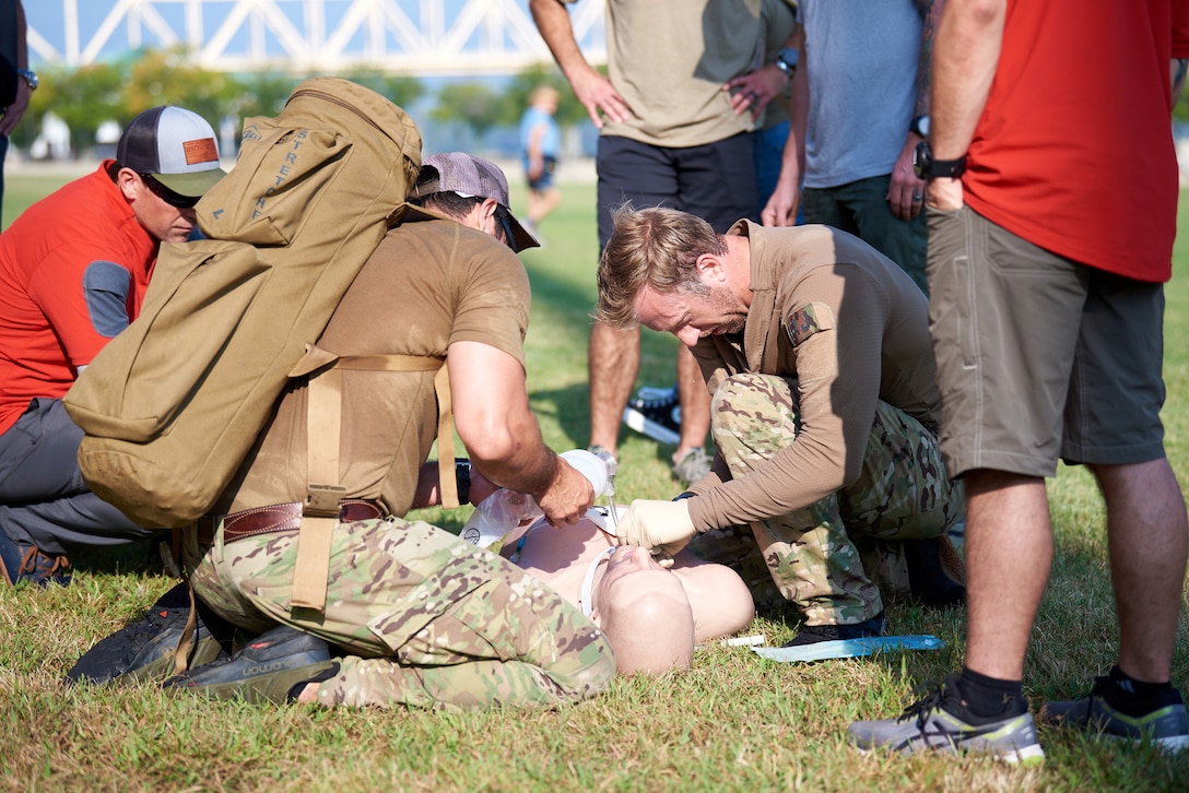 U.S. Air Force pararescuemen compete in a “Monster Mash,” a series of physical and mental challenges, at Waterfront Park in Louisville, Ky., Sept. 7, 2023, as part of the 2023 PJ Rodeo. The biennial event, which tests the capabilities of pararescue Airmen across the service, was hosted by the Kentucky Air National Guard’s 123rd Special Tactics Squadron. (U.S. Air National Guard photo by Phil Speck)