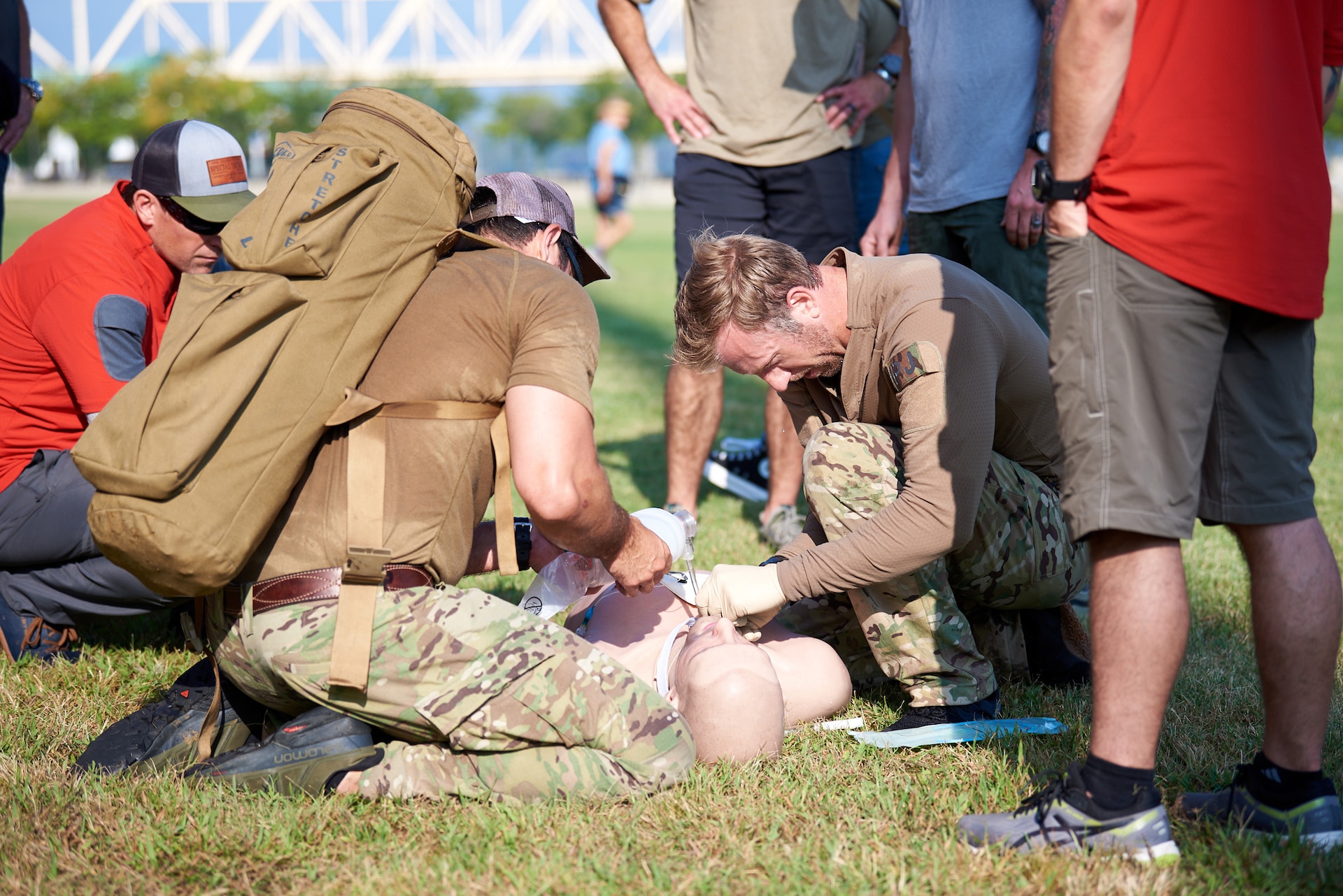 U.S. Air Force pararescuemen compete in a “Monster Mash,” a series of physical and mental challenges, at Waterfront Park in Louisville, Ky., Sept. 7, 2023, as part of the 2023 PJ Rodeo. The biennial event, which tests the capabilities of pararescue Airmen across the service, was hosted by the Kentucky Air National Guard’s 123rd Special Tactics Squadron. (U.S. Air National Guard photo by Phil Speck)