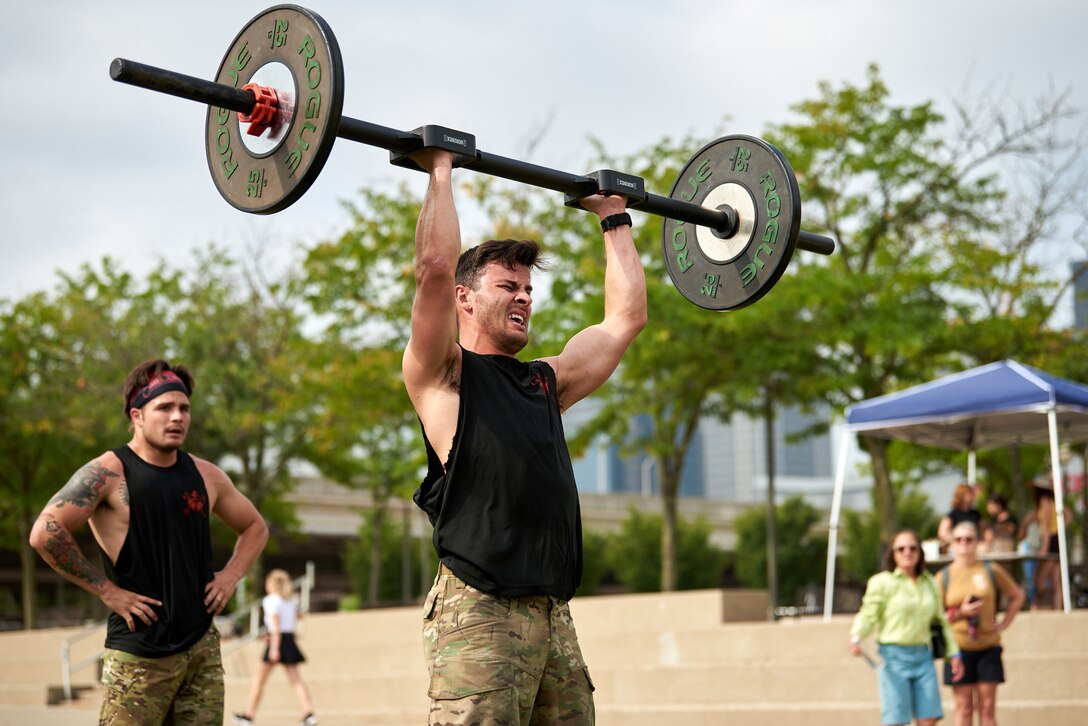 U.S. Air Force pararescuemen compete in a “Monster Mash,” a series of physical and mental challenges, at Waterfront Park in Louisville, Ky., Sept. 7, 2023, as part of the 2023 PJ Rodeo. The biennial event, which tests the capabilities of pararescue Airmen across the service, was hosted by the Kentucky Air National Guard’s 123rd Special Tactics Squadron. (U.S. Air National Guard photo by Phil Speck)