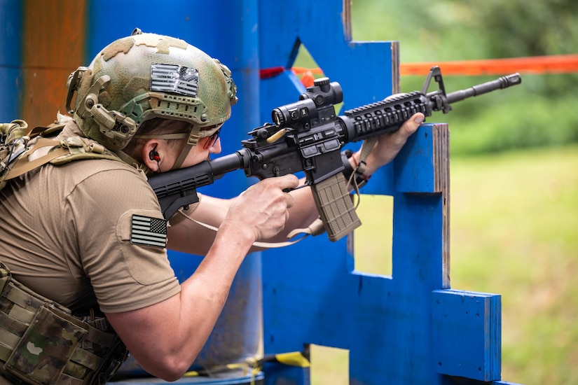 A U.S. Air Force pararescueman completes a timed marksmanship course in Elizabeth, Ind., Sept. 5, 2023, as part of the 2023 PJ Rodeo competition. The biennial event, which tests the capabilities of pararescue Airmen across the service, was hosted by the Kentucky Air National Guard’s 123rd Special Tactics Squadron. (U.S. Air National Guard photo by Dale Greer)