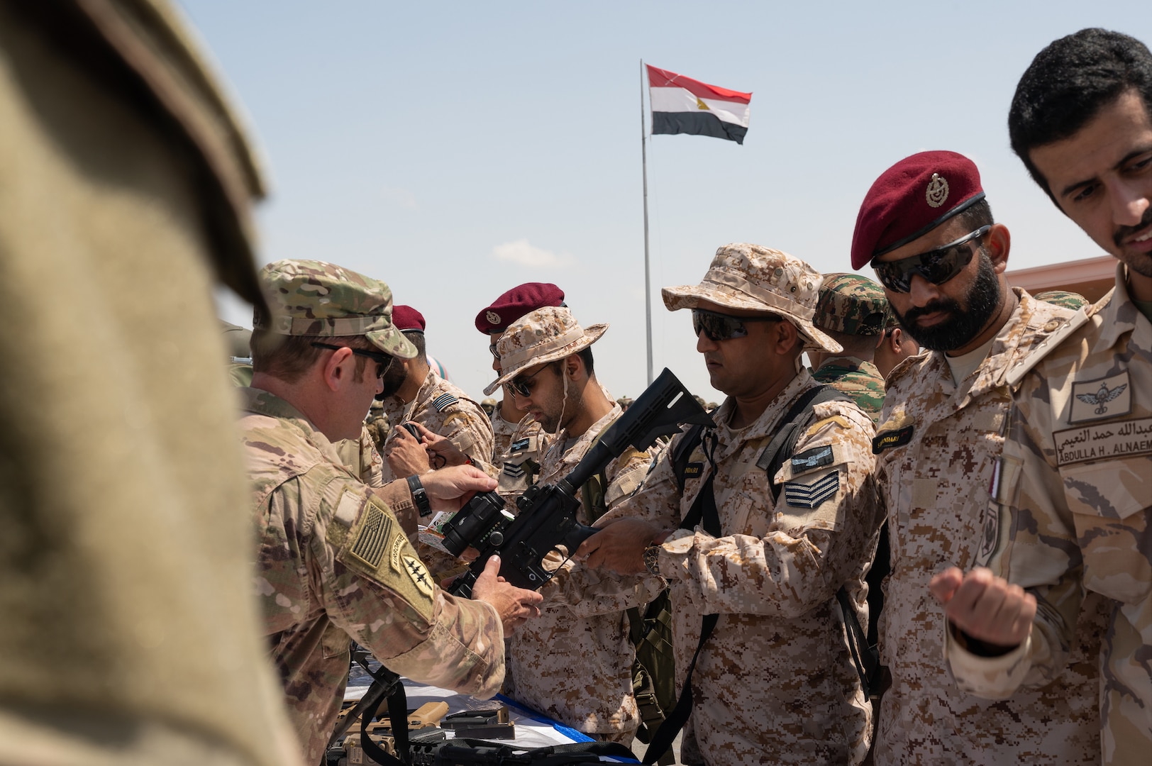 The participating forces attend the Bright Star 23 static display at Mohamed Naguib Military Base (MNMB), Egypt, Aug. 31, 2023. This static display allows the participating nations to interact with equipment and build a framework on how other nations use their equipment for defense in theater. Bright Star 2023 is a multilateral U.S. Central Command exercise held with the Arab Republic of Egypt across air, land, and sea domains that promotes and enhances regional security and cooperation, and improves interoperability in irregular warfare against hybrid threat scenarios. (U.S. Army Photo by Sgt. Amber Cobena)