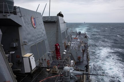 The Arleigh Burke-class guided-missile destroyer USS Ralph Johnson (DDG 114) conducts routine underway operations. Ralph Johnson is forward-deployed to the U.S. 7th Fleet area of operations in support of a free and open Indo-Pacific.