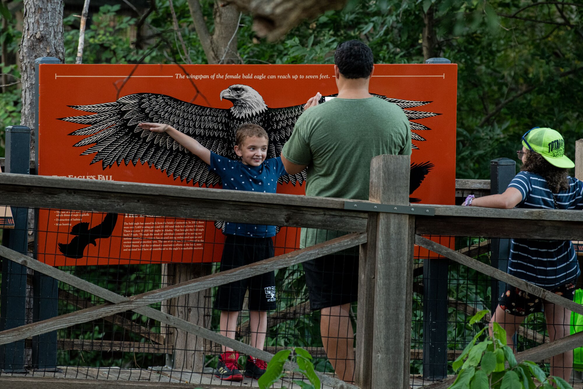 a child spreads their arms in front of a bald eagle graphic