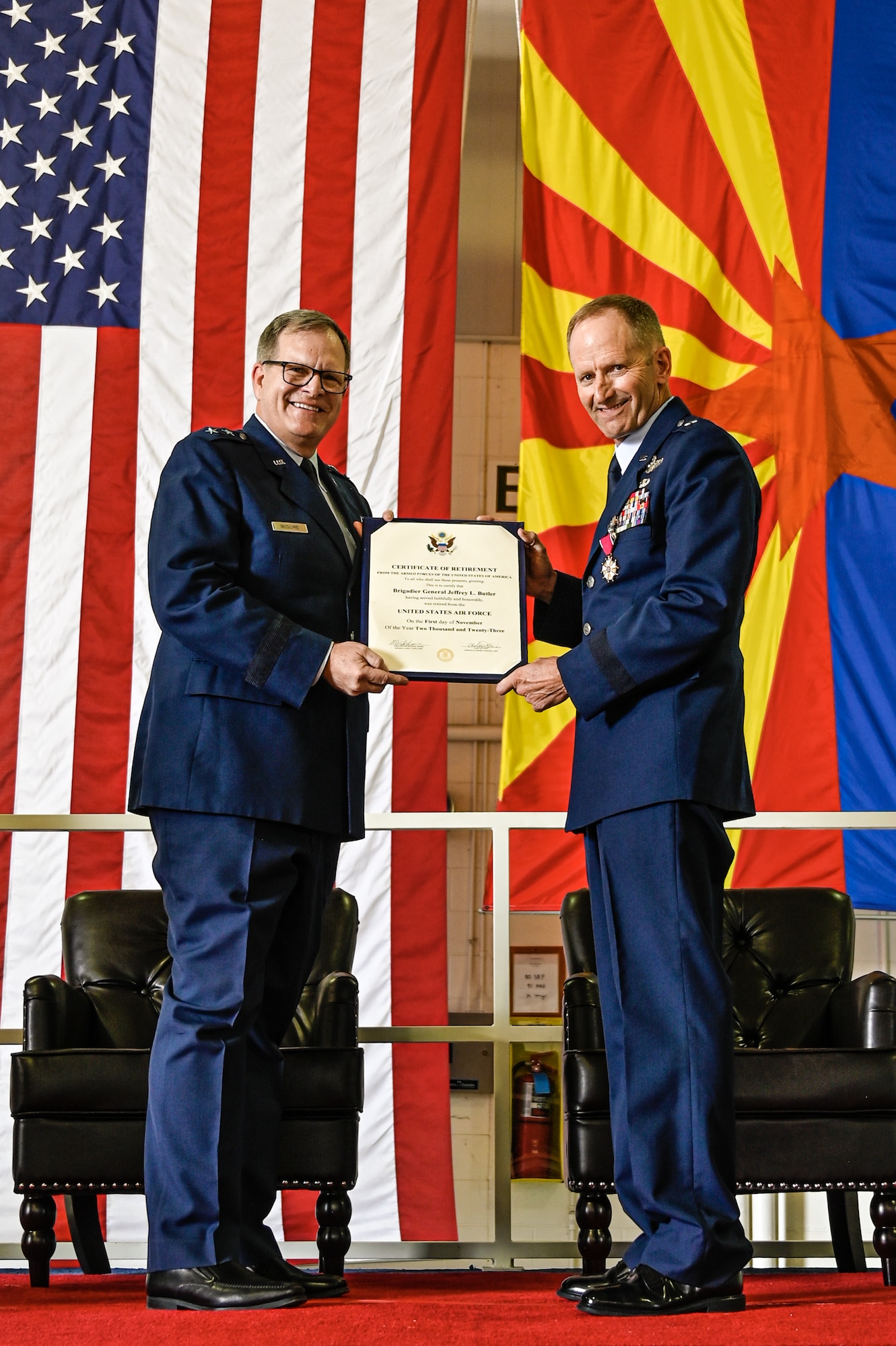 U.S. Air Force Brig. Gen. Jeffrey Butler, commander of the 162nd Wing retires after more than 35 years of military service and 21 years with the Arizona Air National Guard during a dual change of command retirement ceremony at Morris Air National Guard Base, Sept. 10. (U.S. Air Force photo by Staff Sgt. Van Whatcott)