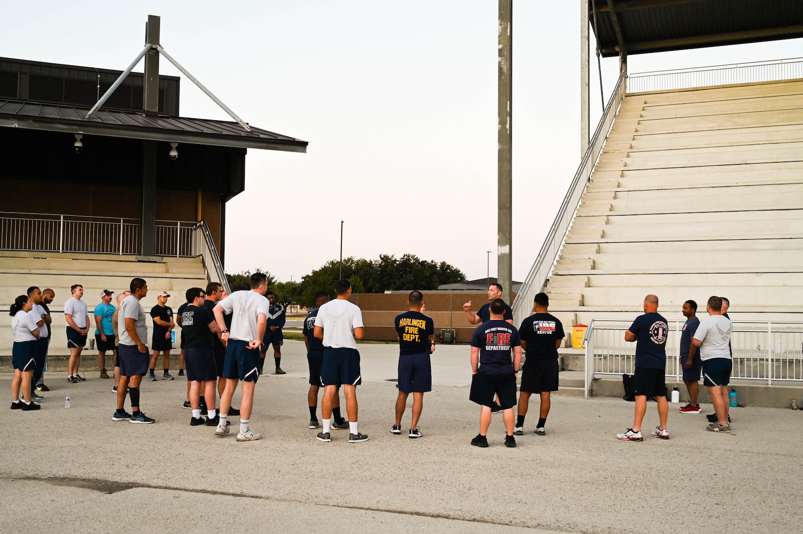 Senior Master Sgt. Joshua Moss, 433rd Civil Engineering Squadron Fire Chief, briefs Airmen before starting the unit’s annual 9/11 Memorial Stair Climb outside the Pfingston Reception Center on Joint Base San Antonio-Lackland, Texas on Sep. 10, 2023.