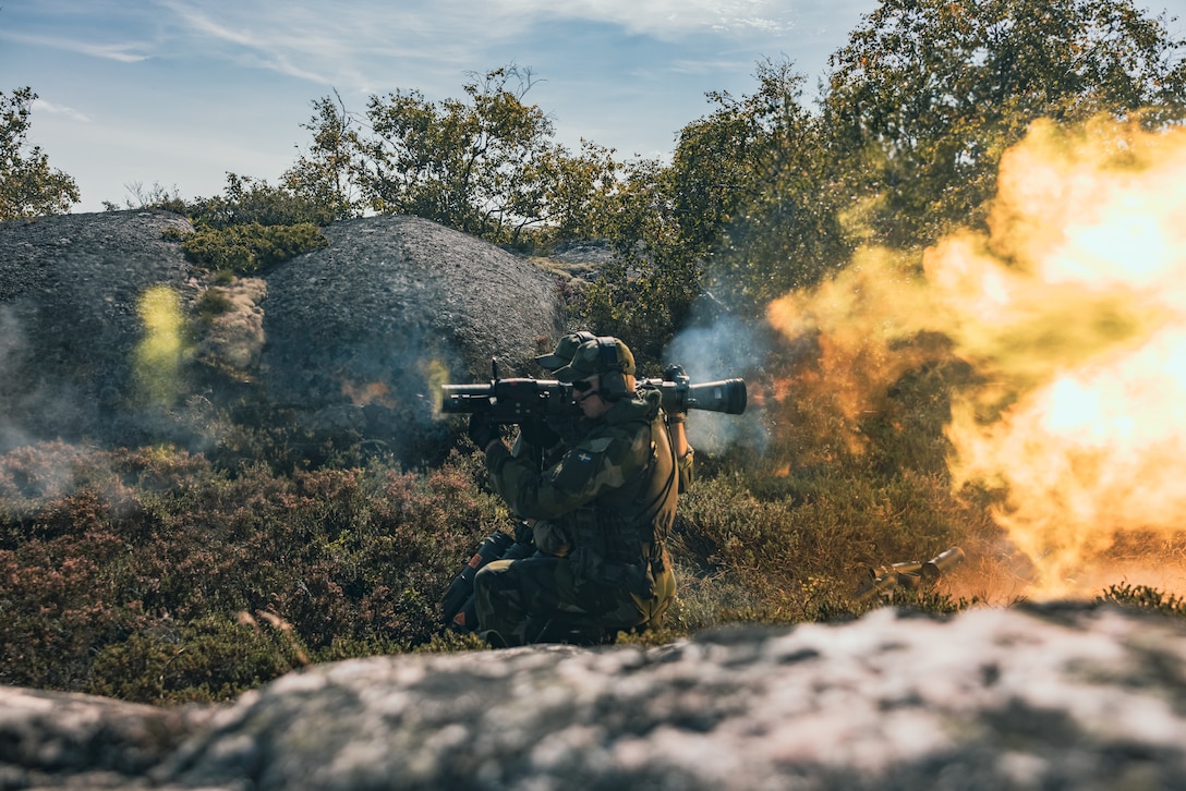 Coastal rangers with the Swedish Marines engage targets with a M3E1 Multi-purpose Anti-armor Anti-personnel Weapon System during a live-fire training evolution as a part of Exercise Archipelago Endeavor 23 in Sweden on Sept. 7, 2023. Exercise Archipelago Endeavor is an integrated, Swedish Armed Forces-led exercise that increases operational capability and enhances strategic cooperation between the U.S. Marines and Swedish forces. (U.S. Marine Corps photo by Lance Cpl. Emma Gray)