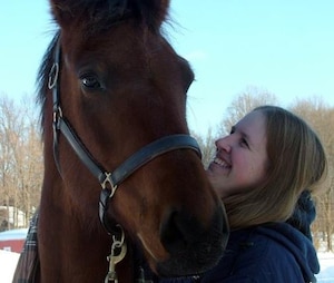 Woman works with bay horse