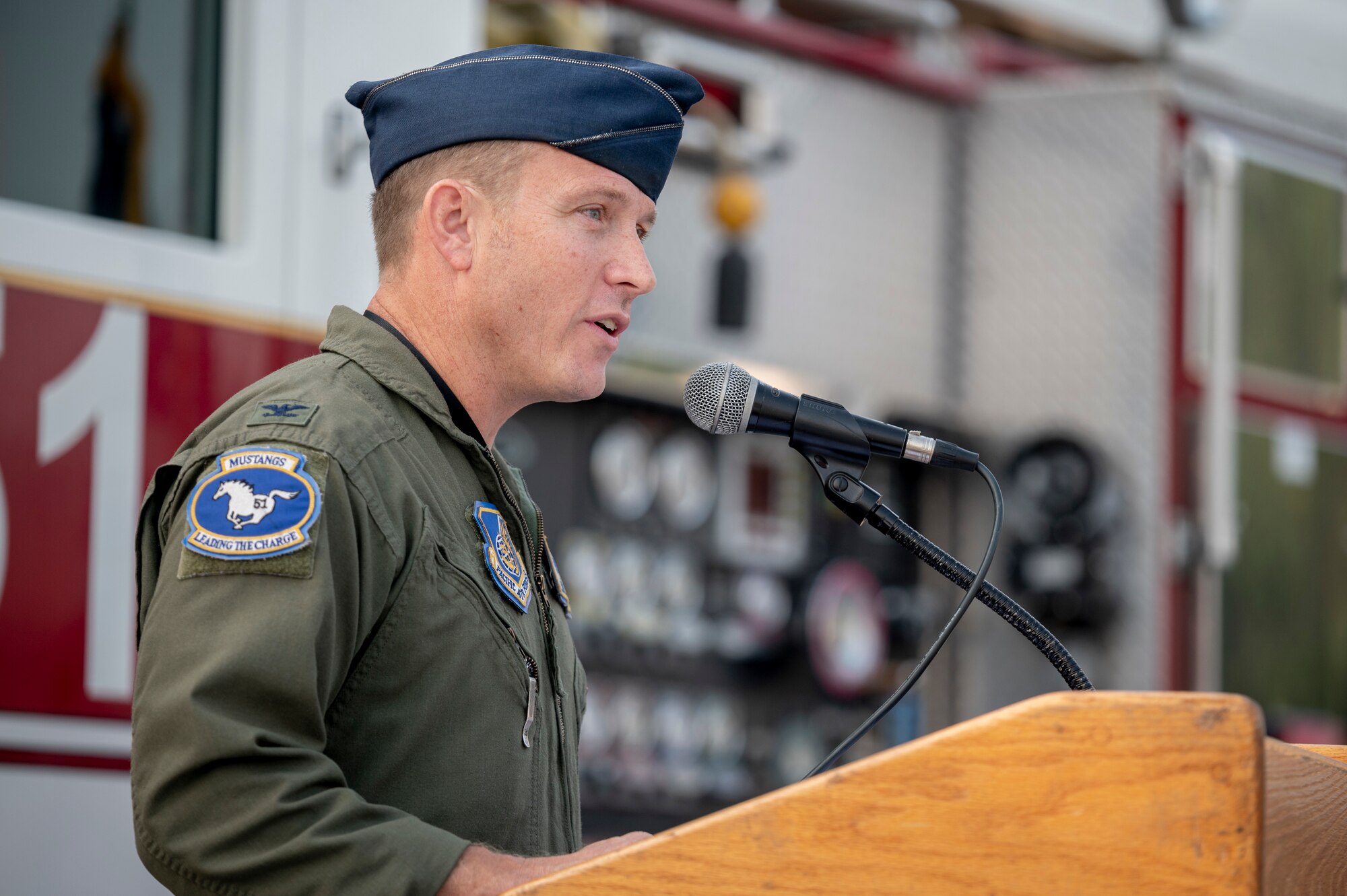 U.S. Air Force Col. Paul Davidson, 51st Fighter Wing deputy commander, speaks during a 9/11 memorial at Osan Air Base, Republic of Korea, Sept. 11, 2023.