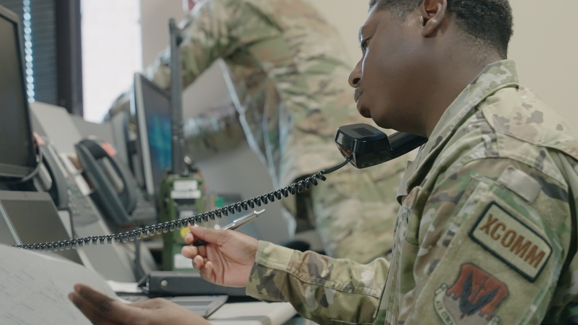 Tech. Sgt. Damon Whitehurst, a 226th Communications IT specialist, relays connectivity reports from disaggregated units to headquarters during Exercise Copperhead Beacon 23 at the group’s headquarters in Montgomery, Alabama, September 8, 2023