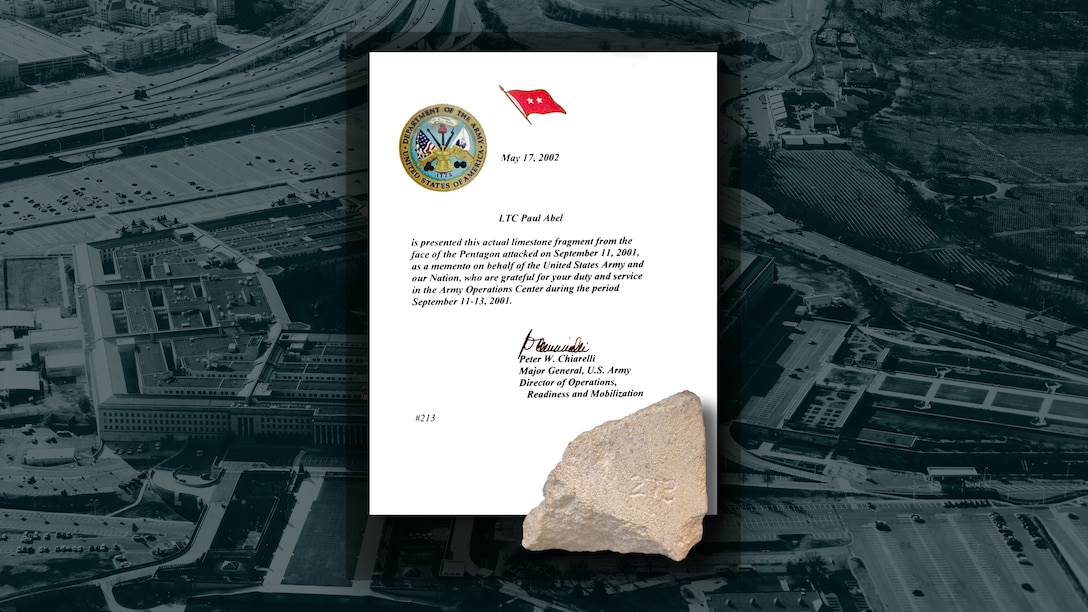 A photo of a letter and a piece of limestone from the Pentagon.