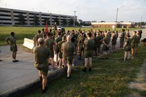 U.S. Marine Corps Col. Daniel T. Celotto, the commanding officer of Headquarters & Service Battalion, Fleet Marine Force, Atlantic, Marine Forces Command, Marine Forces Northern Command, speaks with Marines prior to the formation run in remembrance of 9/11 at Marine Corps Base Camp Elmore, Virginia, September 8, 2023. The battalion hosted the run in honor of those who lost their lives during the attacks against America on September 11, 2001. (U.S. Marine Corps photo by Sgt. Hannah Adams)