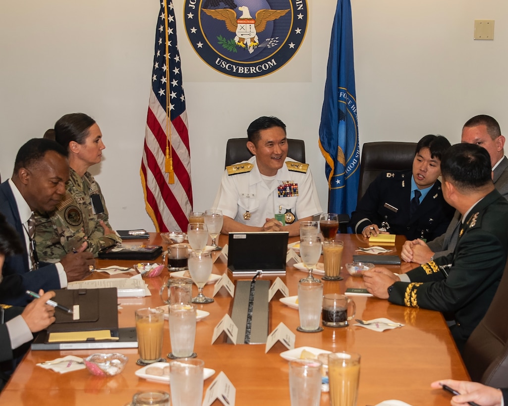 JFHQ-DODIN Deputy Commander, Brig. Gen. Heather Blackwell, 
discusses with Rear Admiral Park, Kyu-Paek, Commander Republic of Korea ROK Cyber Operations Command the importance of an enduring partnerships.