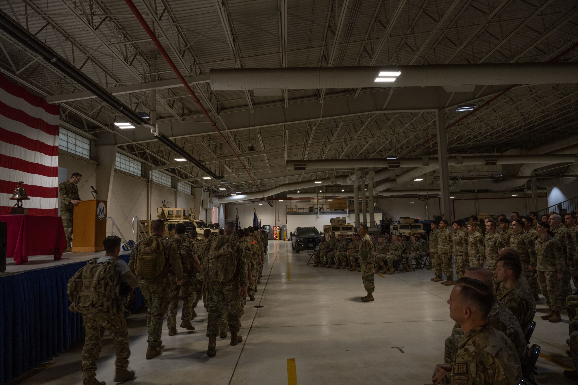 Airmen return from a memorial ruck march prior to the beginning of the Patriot’s Day ceremony at Minot Air Force Base, North Dakota, Sept. 11, 2023. The Patriot’s Day Ceremony honors those lost during the 9/11 terror attacks. (U.S. Air Force photo by Airman 1st Class Trust Tate)