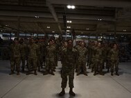 Team Minot Airmen stand at parade rest during the Patriot’s Day ceremony at Minot Air Force Base, North Dakota, Sept. 11, 2023. Patriot’s Day is observed to commemorate the nearly 3,000 lives lost during September 11th. (U.S. Air Force photo by Airman 1st Class Trust Tate)