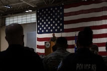U.S. Air Force Col. Benjamin Jensen, 5th Bomb Wing Deputy Commander, speaks during a Patriot’s Day ceremony at Minot Air Force Base, North Dakota, Sept. 11, 2023. Patriot’s Day remembers those killed during the 9/11 attacks.  (U.S. Air Force photo by Airman 1st Class Trust Tate)