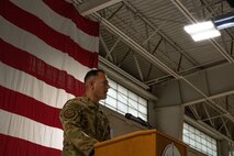 U.S. Air Force Master Sgt. Alexander Rodriguez, 5th Civil Engineer Squadron, speaks during the Patriot’s Day ceremony at Minot Air Force Base, North Dakota, Sept. 11, 2023. Rodriguez gave a personal account of where he was when the terror attacks occurred on 9/11.  (U.S. Air Force photo by Airman 1st Class Trust Tate)