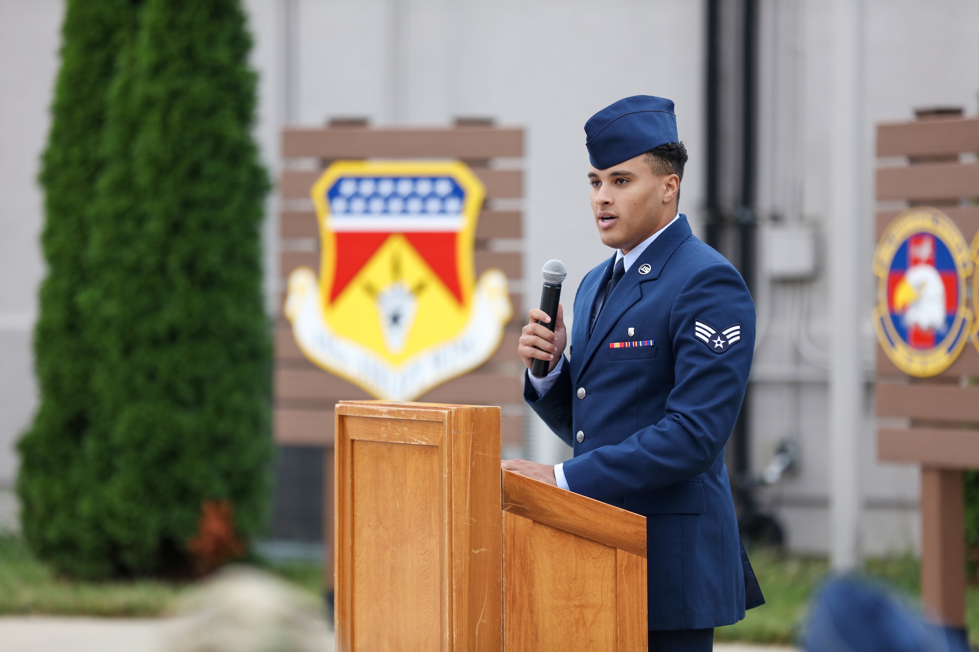 Senior Airman Brooks Lyle, 445th Aerospace Medicine Squadron, was born Sept. 11, 2001. He gave remarks during the 445th Airlift Wing 9/11 remembrance ceremony held Sept. 10, 2023 at Heritage Park outside Bldg 4010. The ceremony reflected and honored those who lost their lives during the tragic events of Sept. 11, 2001.