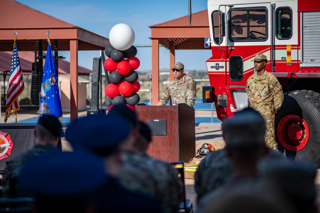 Lt. Col. Ryan Price, 812th Civil Engineer Squadron Commander, offers his remarks during the opening ceremony of the 9/11 Memorial Run, Walk, Ruck March event, Sept. 11, on Edwards Air Force Base, California. (Air Force photo by Giancarlo Casem)