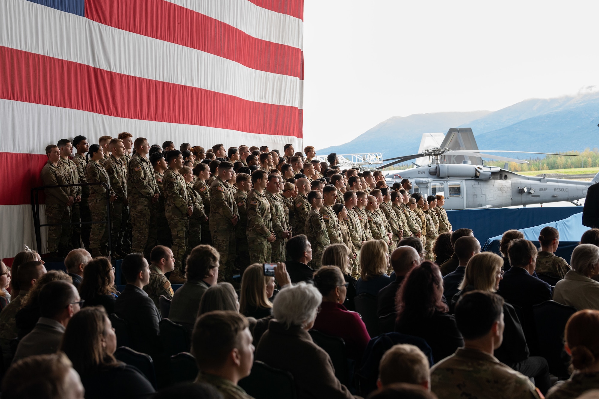 U.S. President Joe Biden speaks to more than 1,000 service members to commemorate the 22nd anniversary of the terrorist attacks of 9/11 during a remembrance ceremony at Joint Base Elmendorf-Richardson, Alaska, Sept. 11, 2023