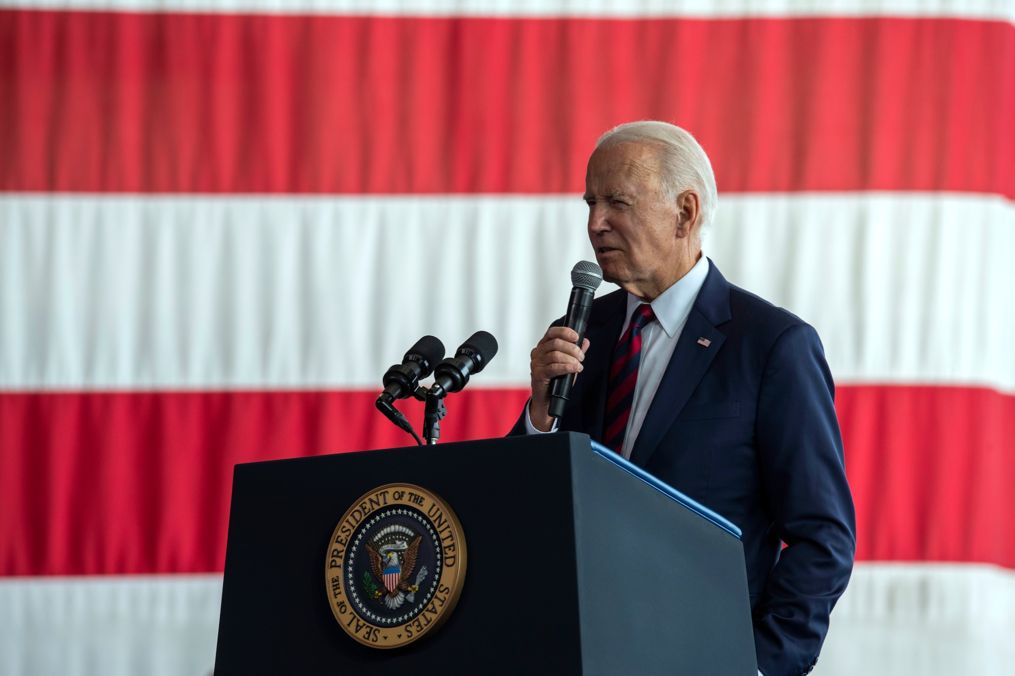 U.S. President Joe Biden speaks to more than 1,000 service members to commemorate the 22nd anniversary of the terrorist attacks of 9/11 during a remembrance ceremony at Joint Base Elmendorf-Richardson, Alaska, Sept. 11, 2023.