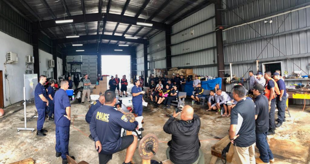 U.S. Coast Guard Forces Micronesia/Sector Guam and Station Apra Harbor personnel team up with seven local CNMI departments to conduct a comprehensive Search and Rescue Exercise off the coast of Saipan near Managaha Island on Sept. 7 and 8, 2023. Building upon the foundations of a 2022 SAREX, this two-day event showcased interagency coordination, expertise, and invaluable training that are critical for the success of real-world search and rescue operations. The event involved more than 40 participants from various agencies, including the Department of Public Safety, Department of Fire and Emergency Management Services, Customs and Biosecurity, CPA Port Police, and several environmental quality departments. It commenced with a simulated 911 call reporting a vessel on fire a few nautical miles off the coast. Within an hour, six boats carrying over 30 rescue personnel were underway, implementing the search pattern lessons the Coast Guard team provided the previous day.