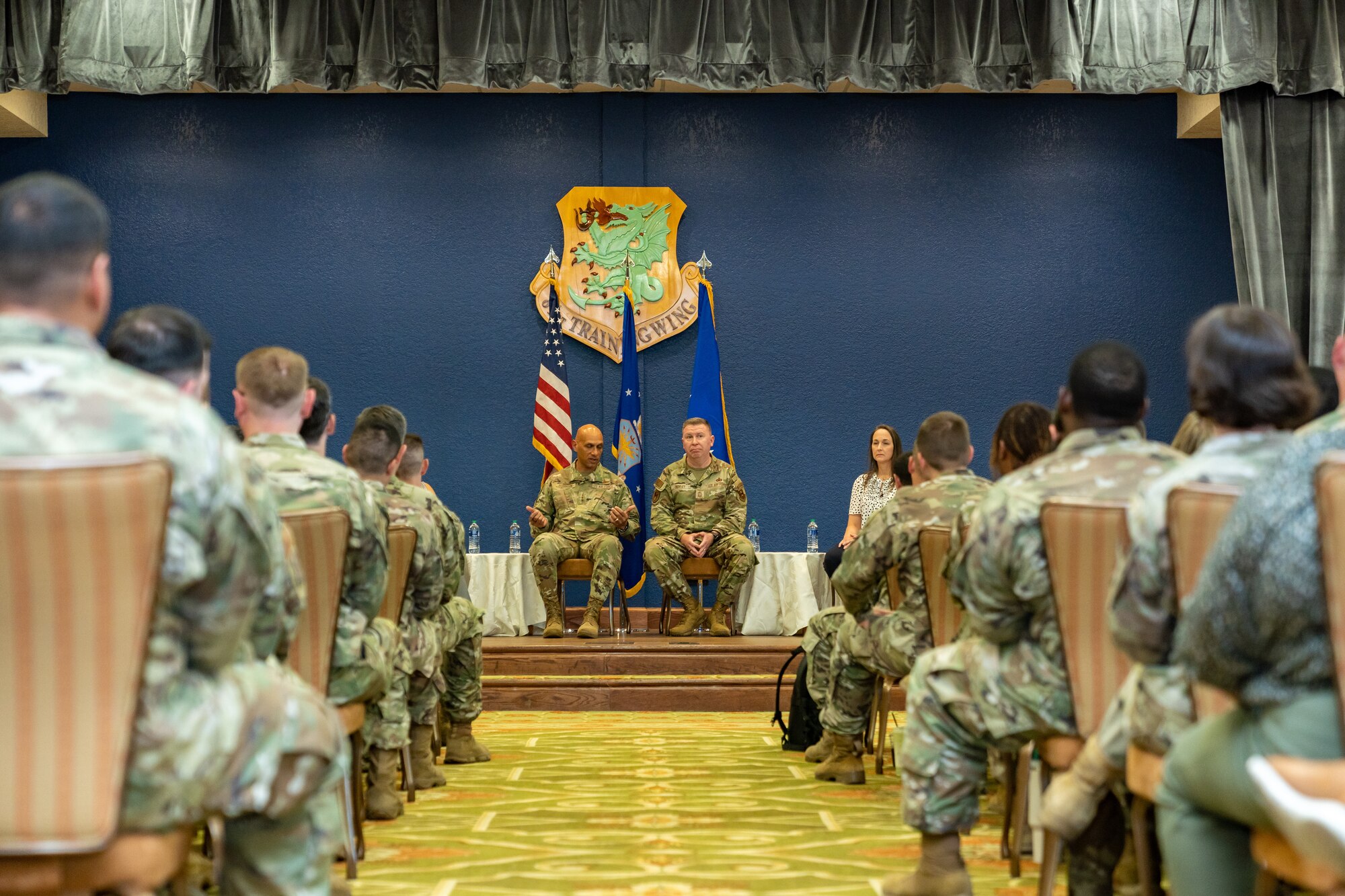 U.S. Air Force Lt. Gen. Brian Robinson, Air Education and Training Command, commander, and Chief Master Sgt. Chad Bickley, AETC command chief, host a leadership panel for the Airmen at Keesler Air Force Base, Mississippi