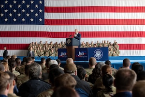 U.S. President Joe Biden speaks to more than 1,000 service members to commemorate the 22nd anniversary of the terrorist attacks of 9/11 during a remembrance ceremony at Joint Base Elmendorf-Richardson, Alaska, Sept. 11, 2023